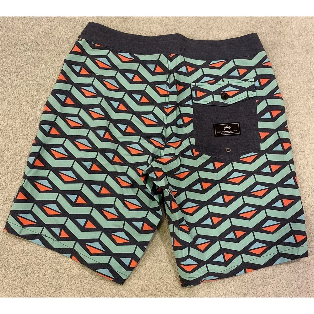 Rusty's Board Shorts Swim Trunks Blue Red Green Geometric Print Mens Size 31